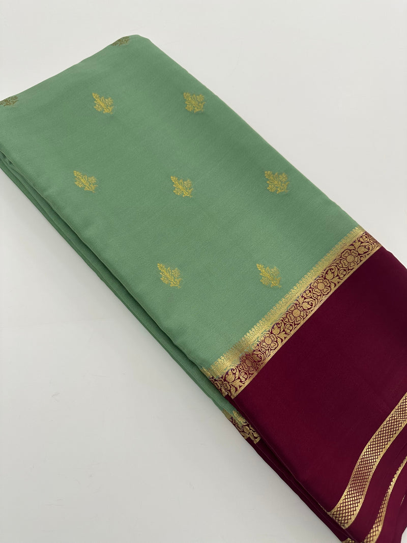 Pista Green x Maroon 120 GSM Mysore Crepe Silk Saree - AU8