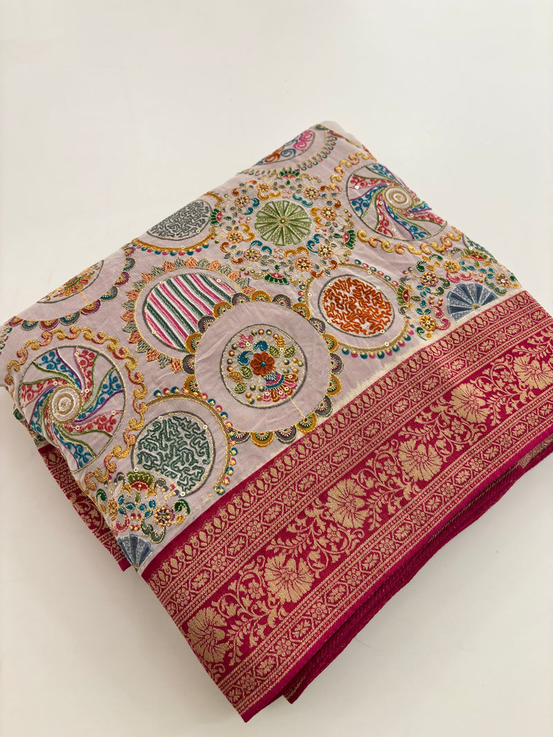 Pashmina silk sari with aari work round designs all over and contrast pink blouse🌹-AU2