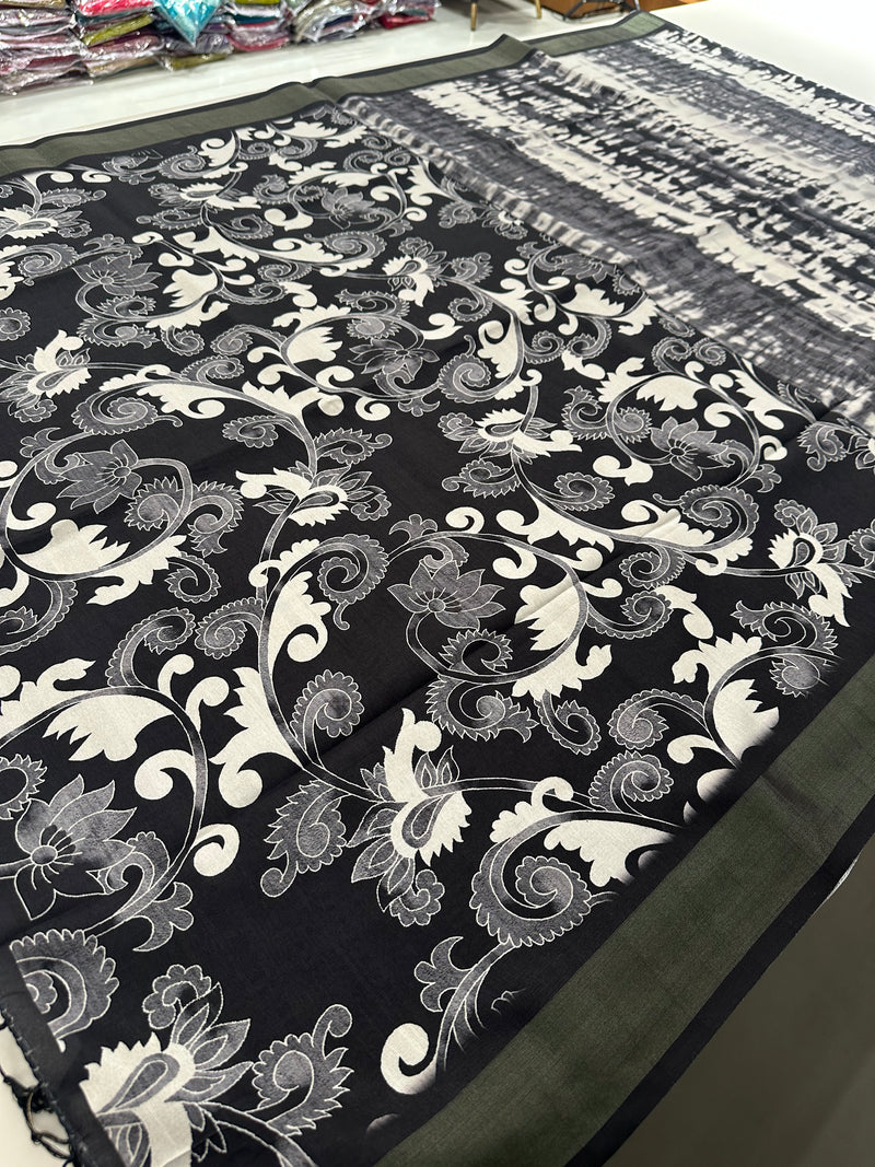 Black and White Tussar Printed Saree- JU28