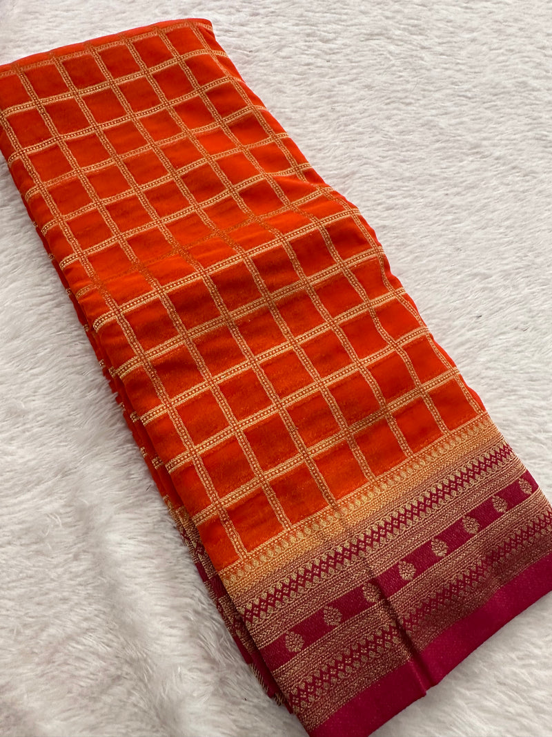 Premium Georgette Sarees In Checks Zari and Small Border with Contrast Blouse Piece 🌹-JU18