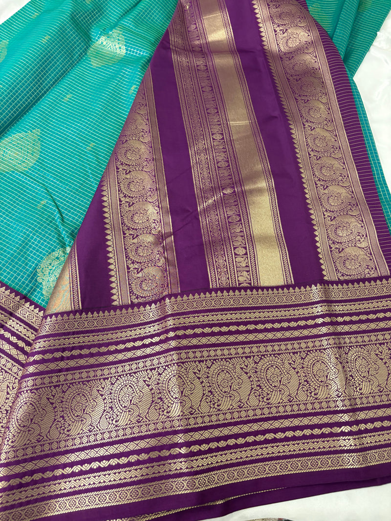 JU18 - Rama Green X Purple Checks Semi Silk Saree
