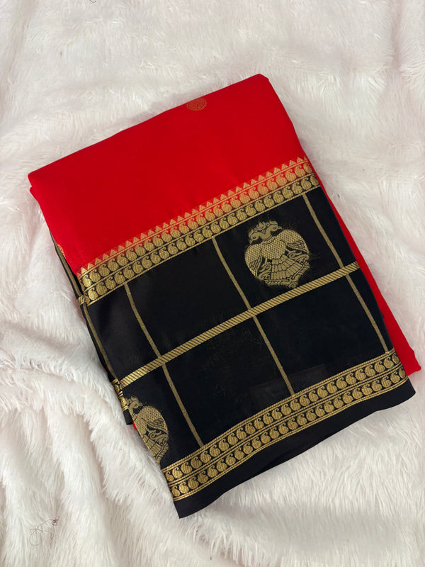 Semi Crepe Silk Saree - Red x Black (J29)
