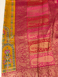 JU17 - Mustard Yellow Pashmina Designer Saree with Aari Work & Pink Zari Border
