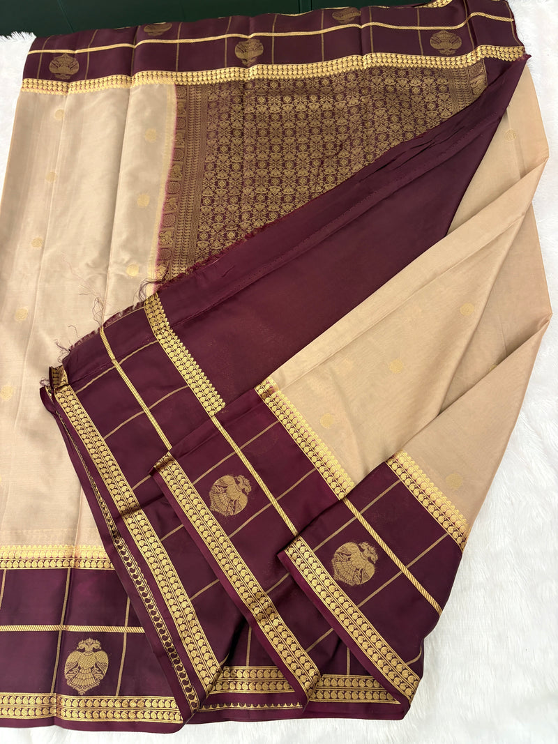 Semi Crepe Silk Saree - Beige x Brown (J29)