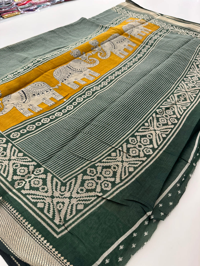 Yellow X Green Soft Printed Kalamkari Chanderi Saree