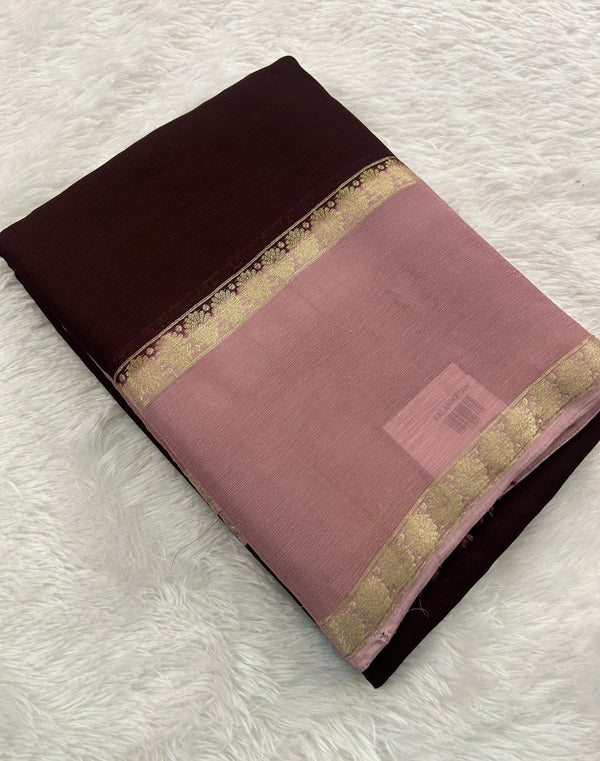 Crape Chinnon Saree in brown x Pink combination with pink blouse -
JU23
