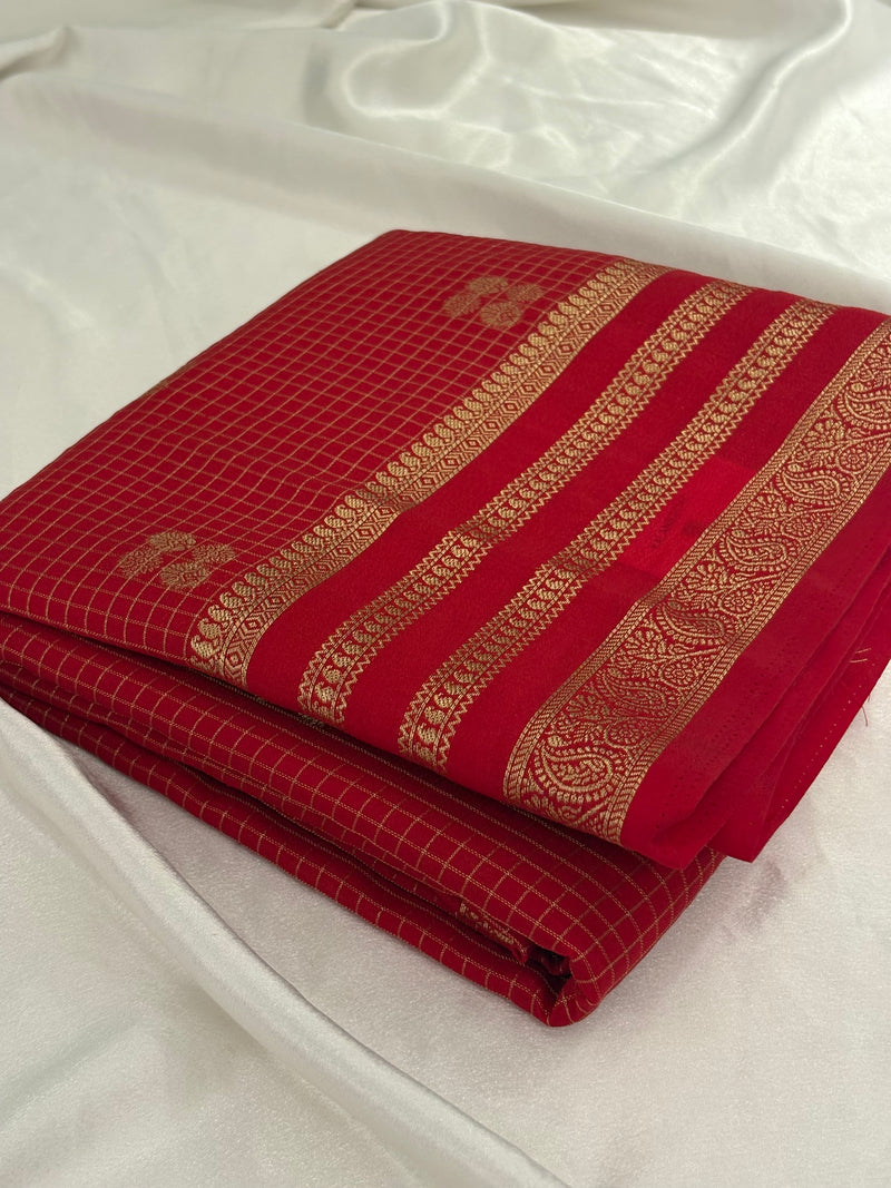 Red Semi Mysore Silk Checks Saree with Butta - AU13
