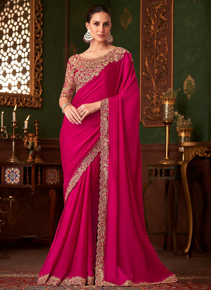 Hot Pink Satin Designer Party Wear Saree-TFH SW 1416