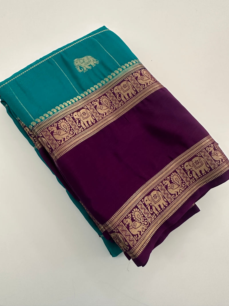 Premium Semi Mysore Silk sarees with silver and gold weavings and contrast blouse piece🌹-AU9