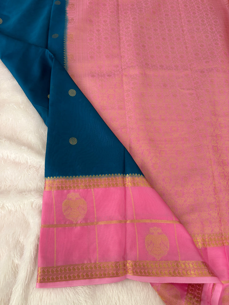 Semi Crepe Silk Saree - Peacock Blue x Baby Pink (J29)