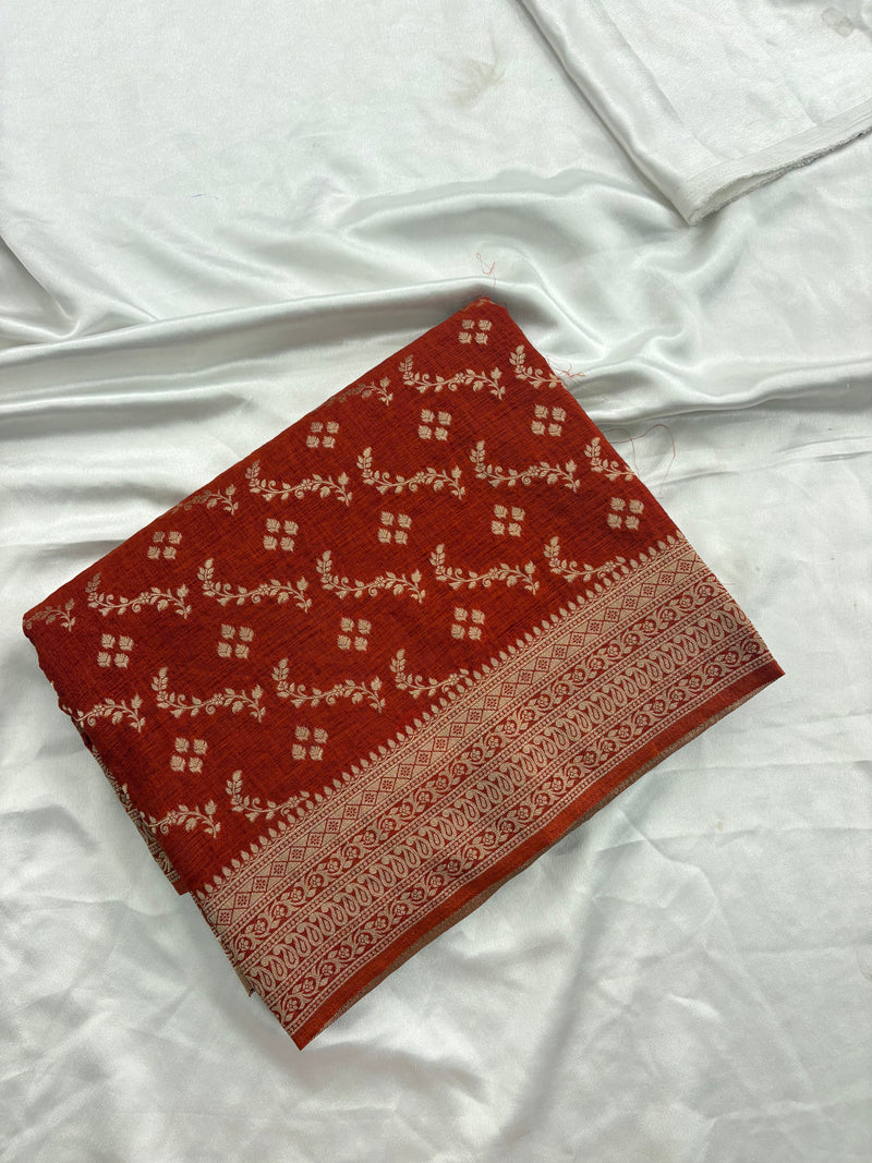 Rust Heritage Linen Designer Saree with Butta Design 🌹-AU2