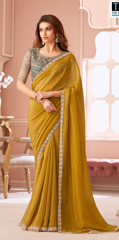 Mustard Yellow Chiffon Georgette Designer Party Wear Saree-TFH SLS 8002