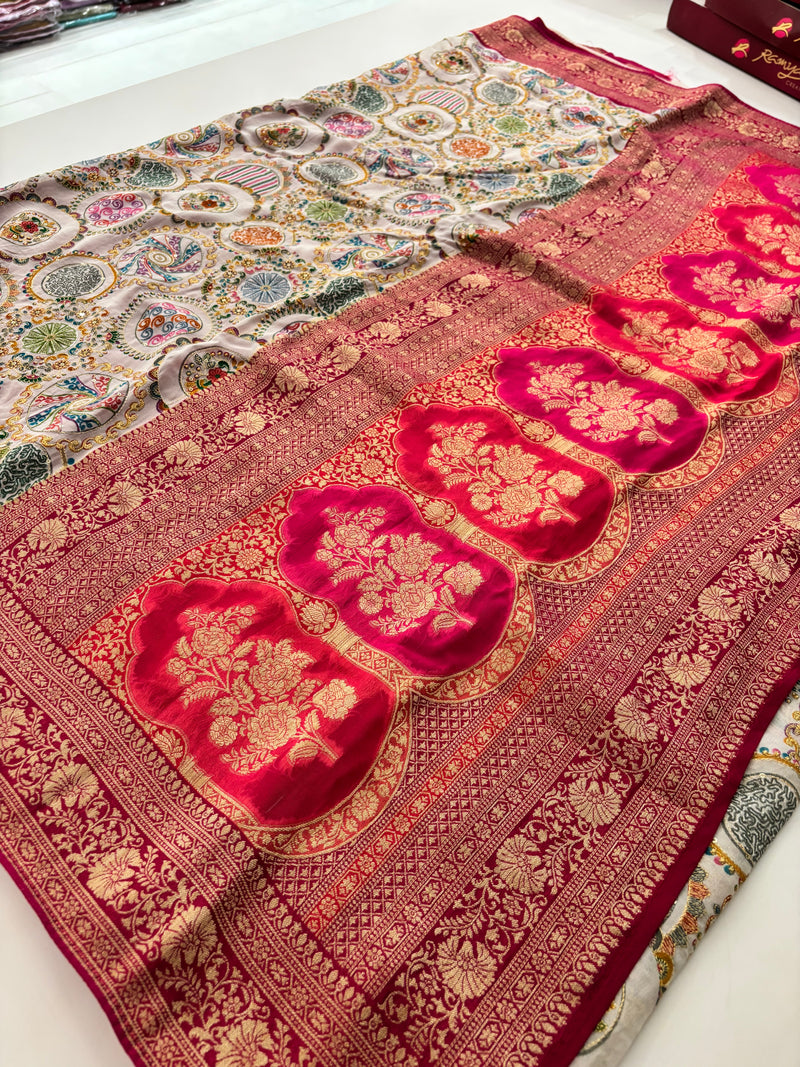 Pashmina silk sari with aari work round designs all over and contrast pink blouse🌹-AU2