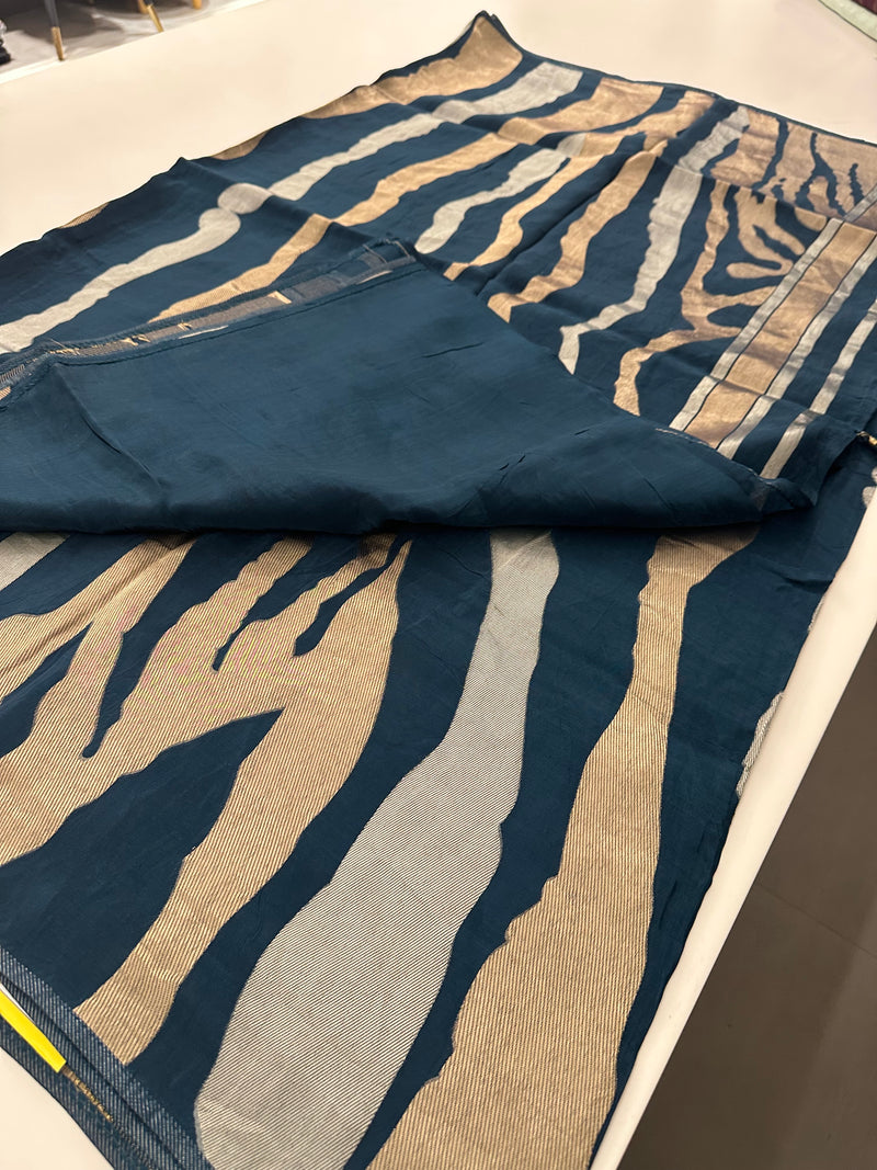 Peacock Blue Designer Chinnon Silk Saree – Zigzag Design AU24