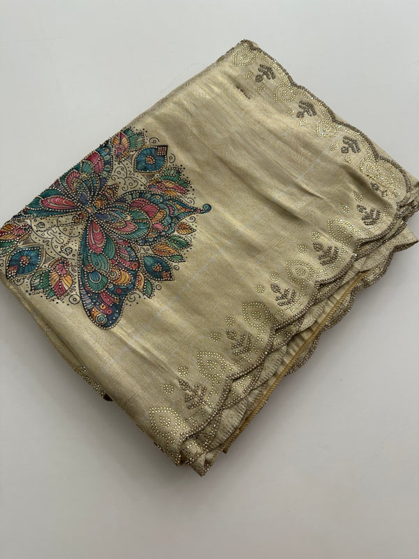 🌹Gold Banarsi Soft Tissue Silk Saree on Stone work Pallu and scallop border 🌹 JU27