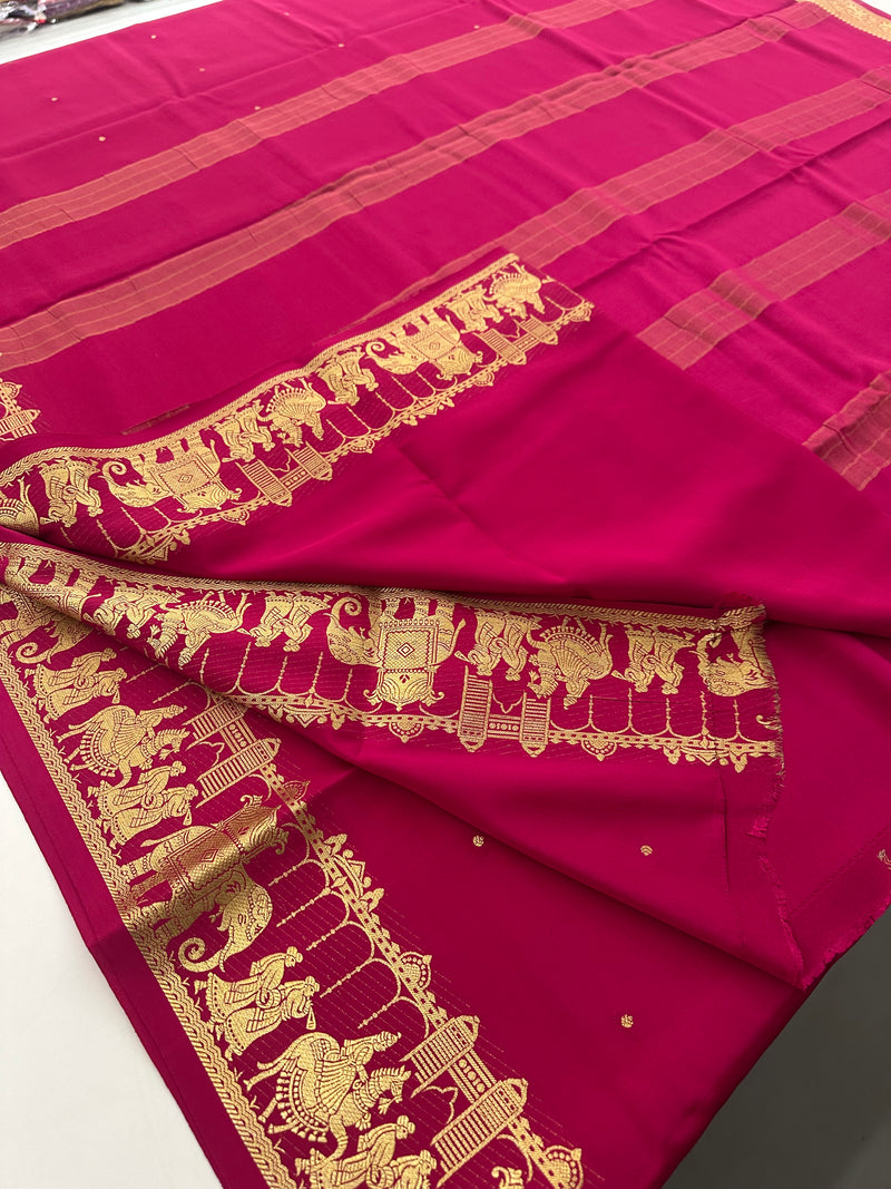 PURE 120GSM MYSORE CRAPE SILK SAREE IN PINK COMBINATION WITH GOLD ZARI BUTTIES AND FRESH NEW BORDER- JU2