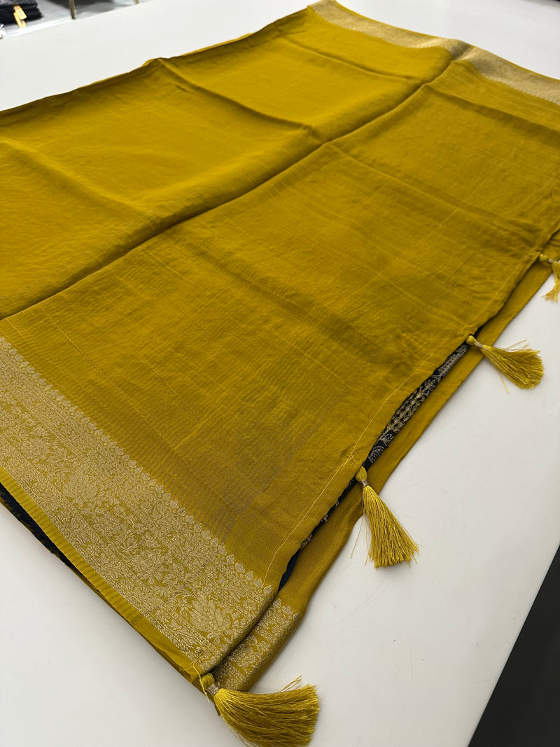 Mustard Yellow Banarsi Crepe Silk Designer Saree AU26