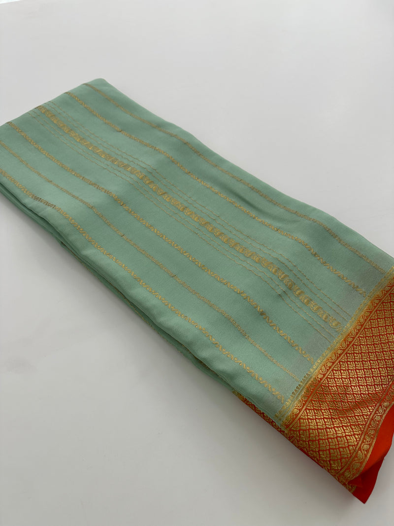 Pista Green x Orange Pure Mysore Crape Silk Saree - AU9
