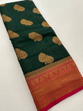 Bottle Green x Pink Tussar Cotton Saree with Double Leaf Butta All Over JU24