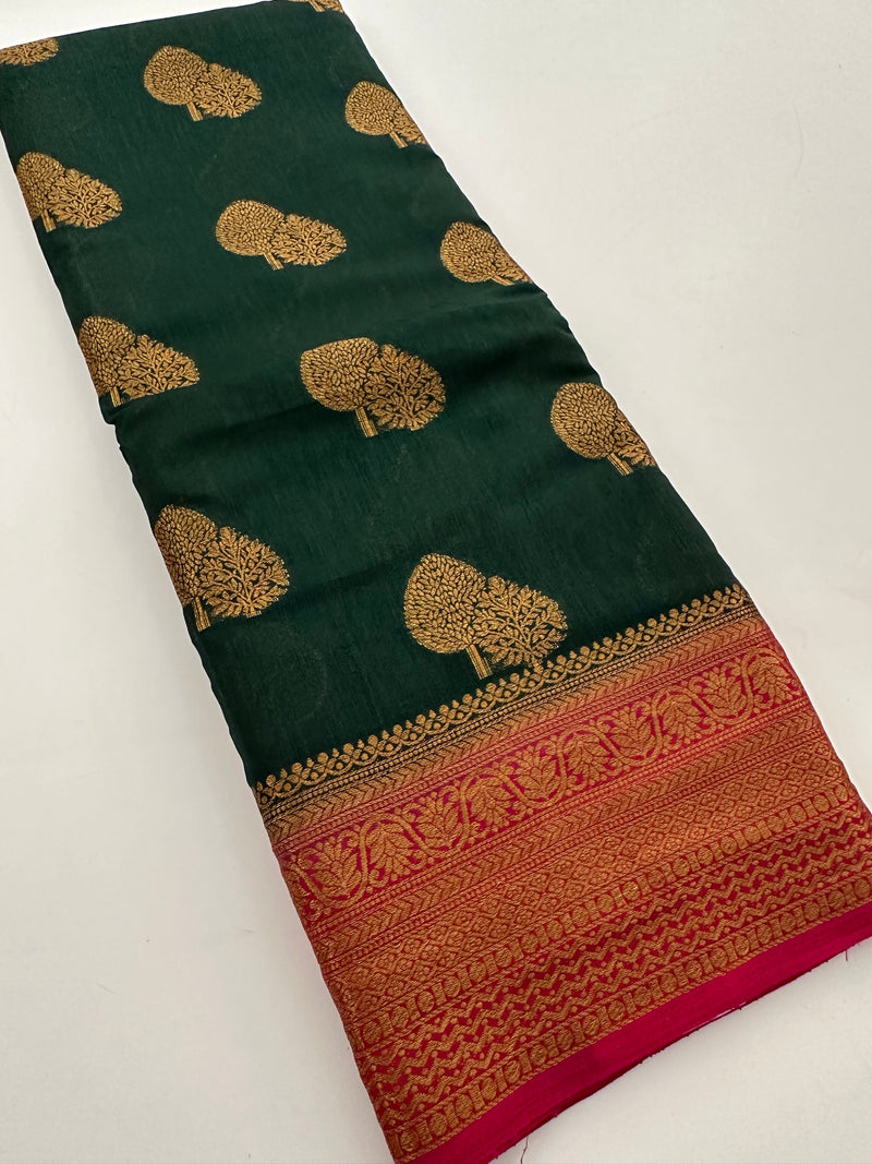Bottle Green x Pink Tussar Cotton Saree with Double Leaf Butta All Over JU24