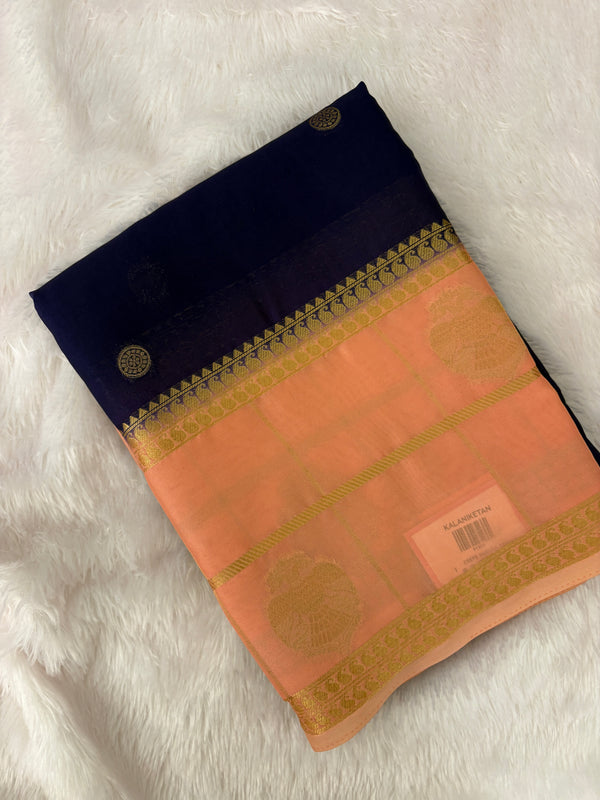 Semi Crepe Silk Saree - Dark Blue x Peach (J29)