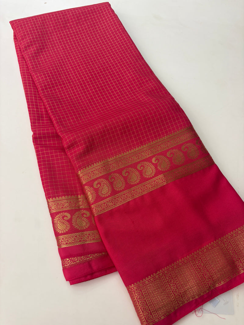 BENTEX BORDER SELF CHEX SEMI CREPE SILK SAREE-PINK