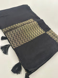 Black Designer Chinnon Silk Saree – Abstract Box Pattern AU24