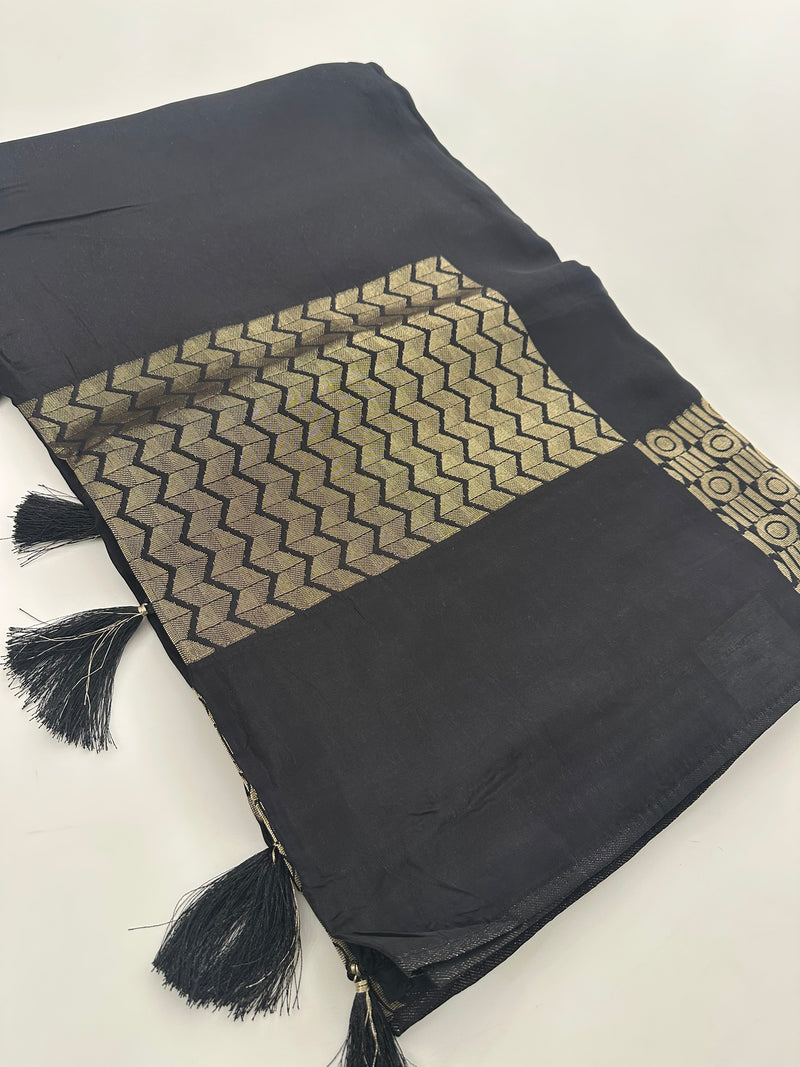 Black Designer Chinnon Silk Saree – Abstract Box Pattern AU24