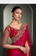 SW-1717 — RED & PINK CHIFFON SAREE & TUSSAR SILK WORK BLOUSE