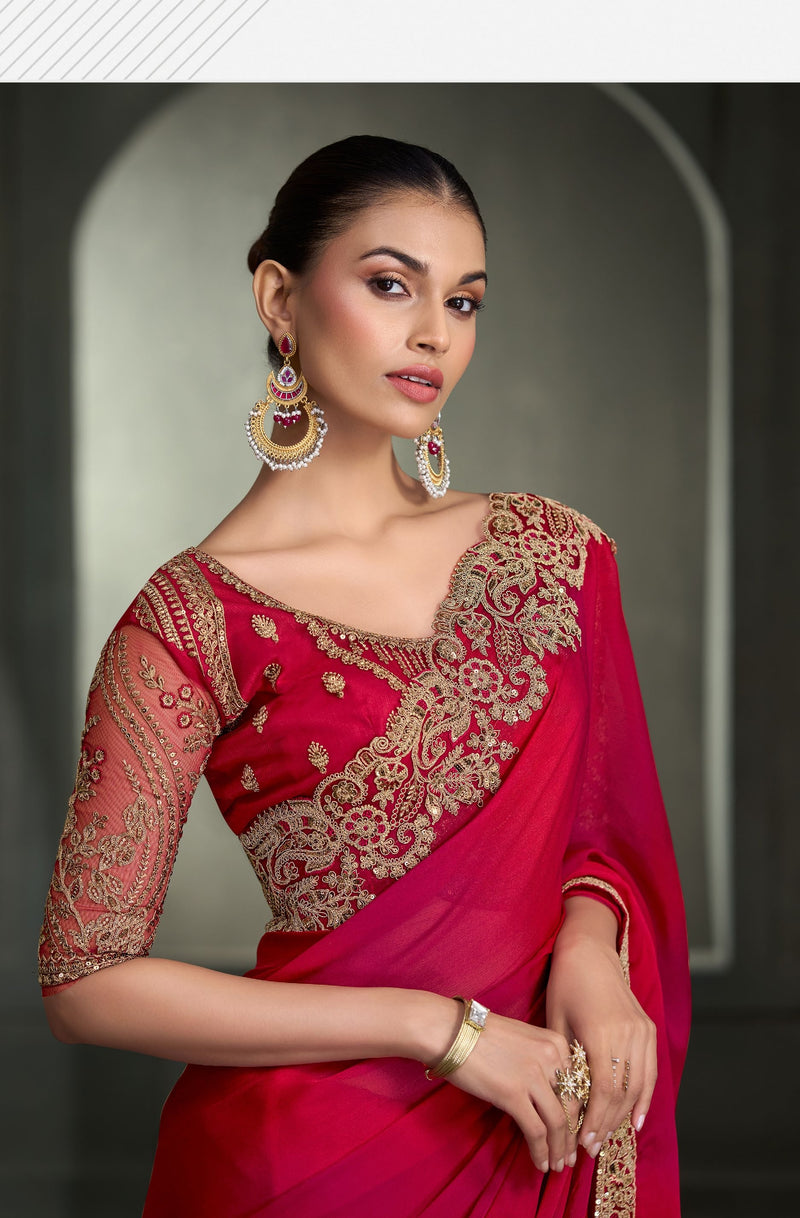 SW-1717 — RED & PINK CHIFFON SAREE & TUSSAR SILK WORK BLOUSE
