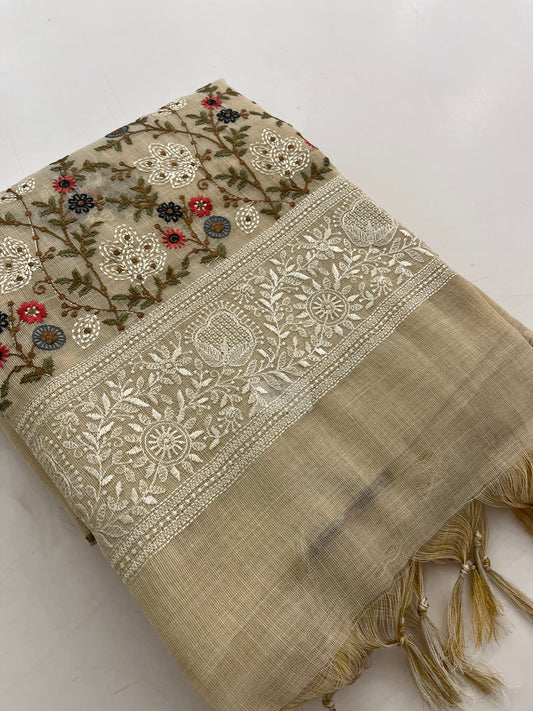 Linen embroidery fancy saree