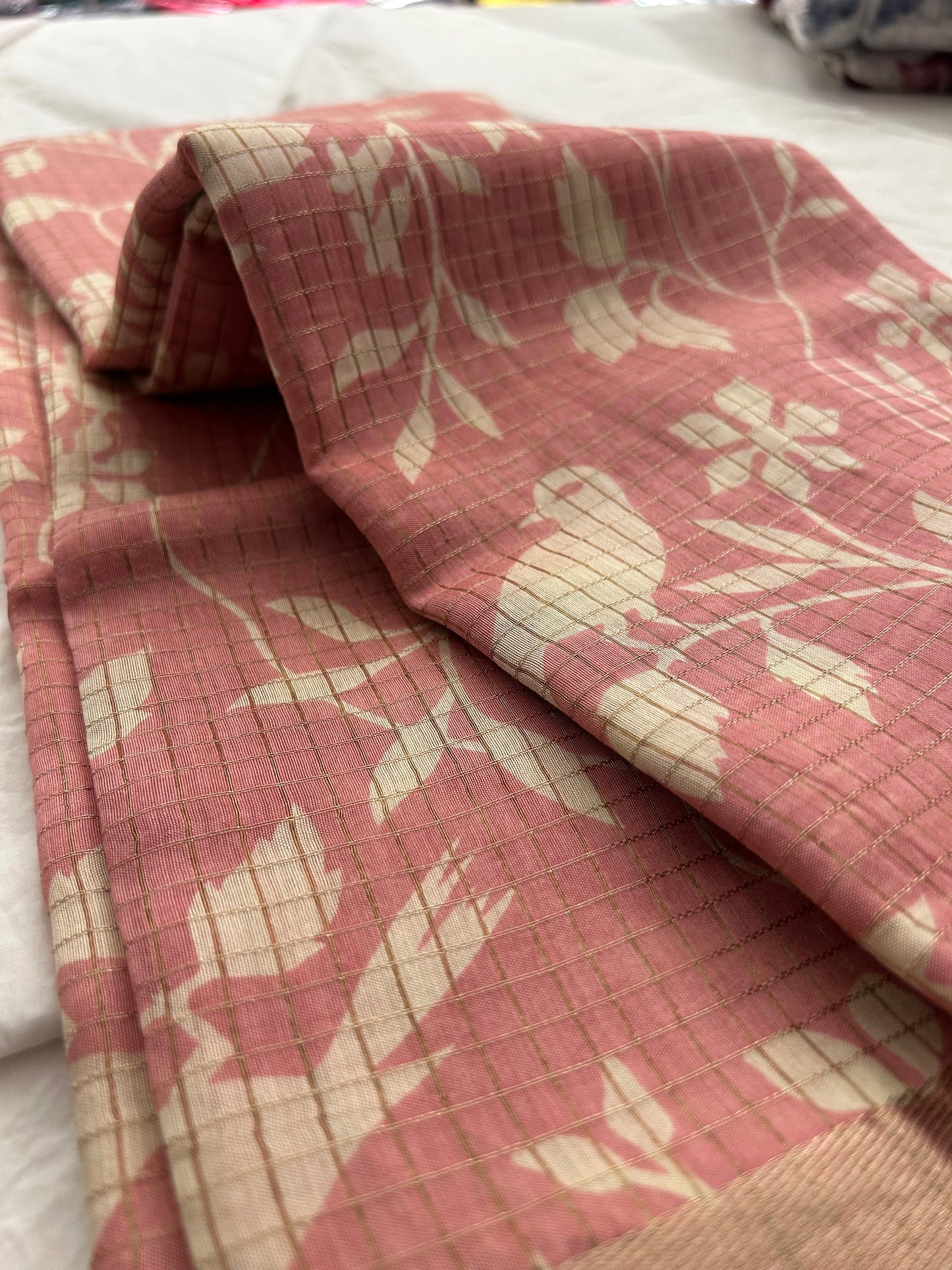 Pastel peach chiffon viscose checks saree-Jan3