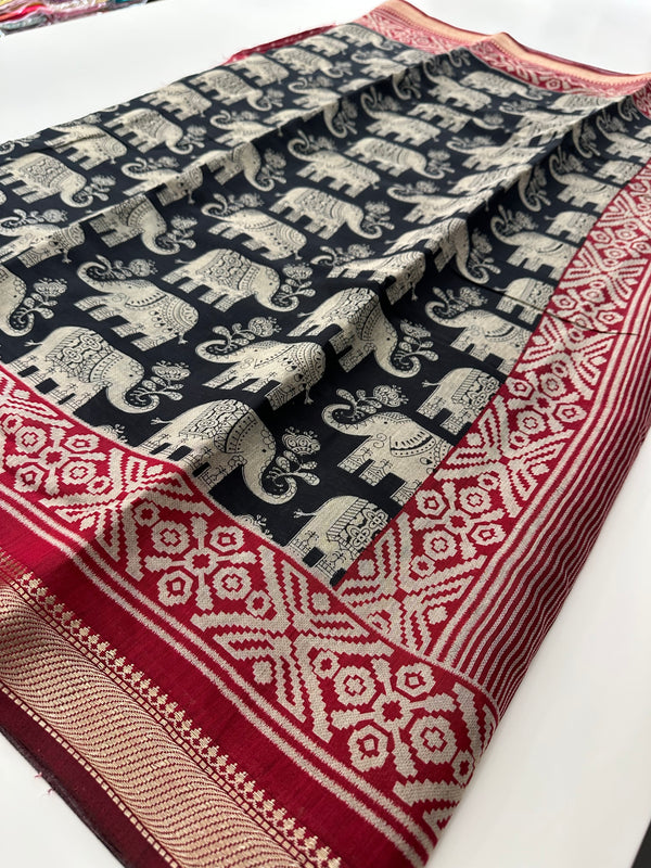 Black X Red Soft Printed Kalamkari Chanderi Saree