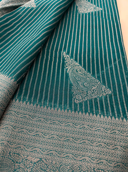 Peacock blue silver linen cotton saree-DC712