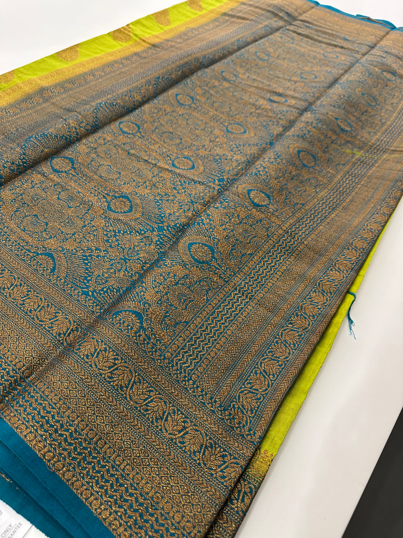 Leaf Green x Blue Tussar Cotton Saree with Double Leaf Butta All Over JU24