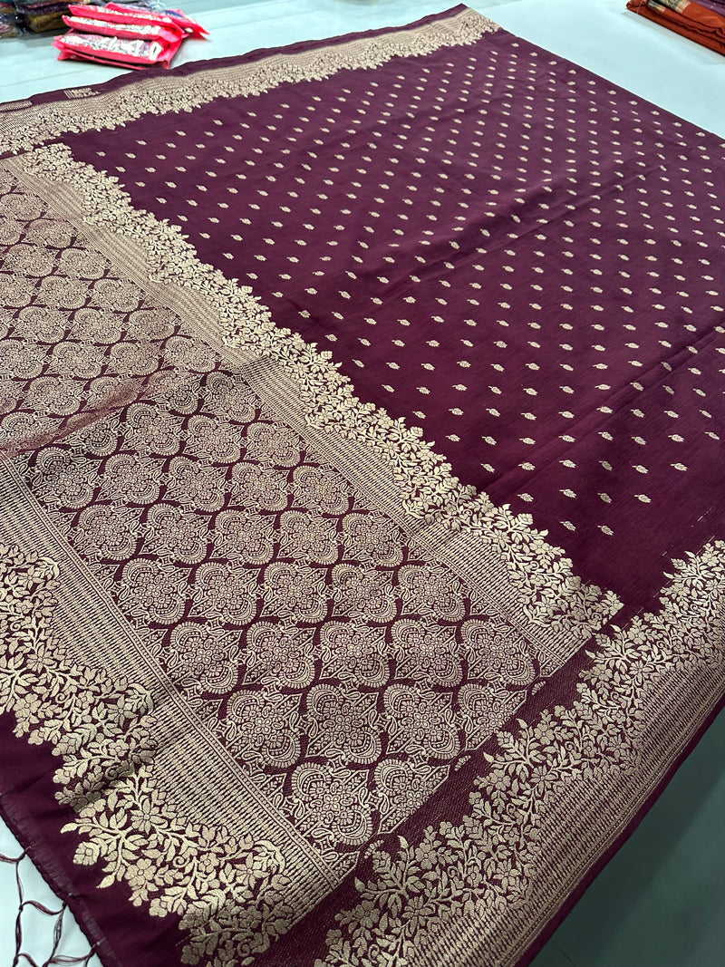 Venkatagiri fancy soft Linen Cotton sarees with self blouse and fancy Border and Butties all over 🌹-AU9