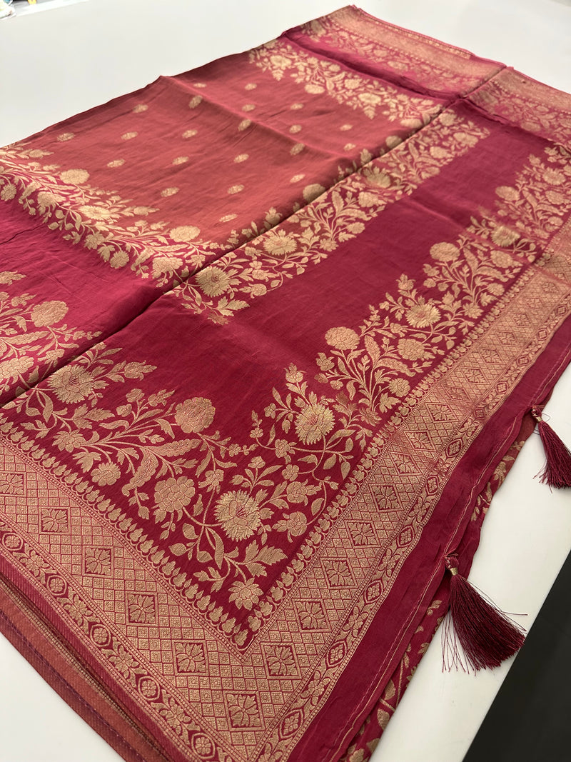 Peach Designer Chinnon Silk Saree – Floral Design AU24