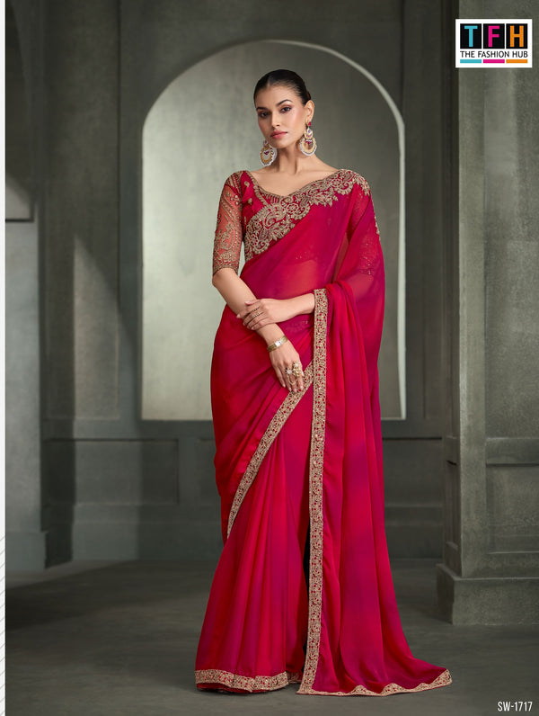 SW-1717 — RED & PINK CHIFFON SAREE & TUSSAR SILK WORK BLOUSE