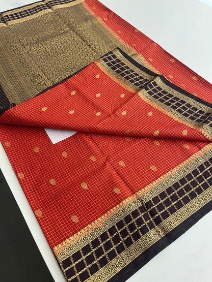 Rust orange with deep wine checks Banarasi Chinnon silk