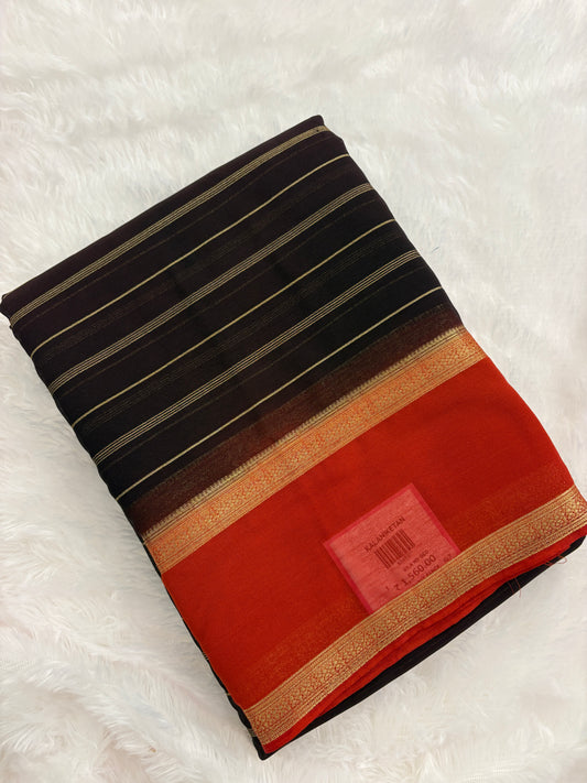 Dark Brown X Rust Striped Soft Semi Mysore Silk Saree-J115