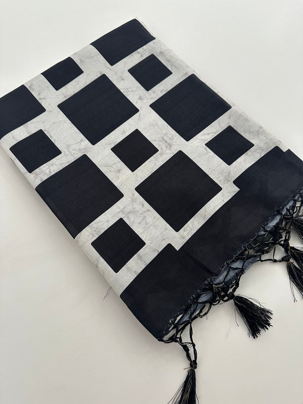 Black and White Tussar Printed Saree- JU29