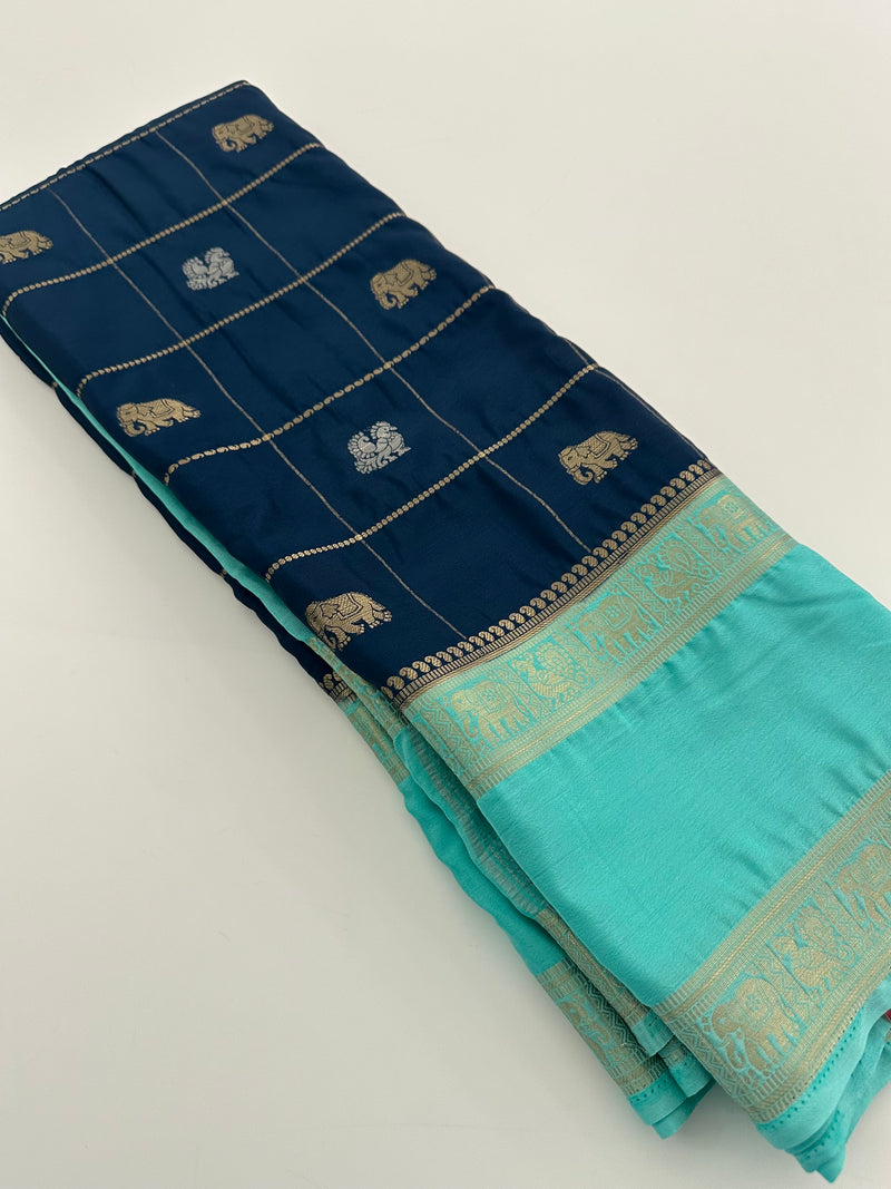 Premium Semi Mysore Silk sarees with silver and gold weavings and contrast blouse piece🌹-AU9