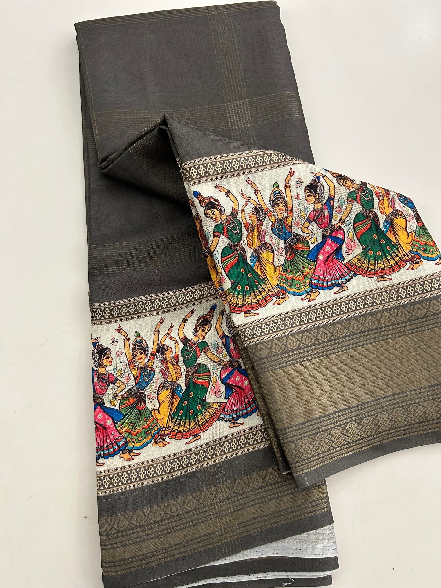 Kalamkari grey chiffon saree with traditional styled prints-BS101