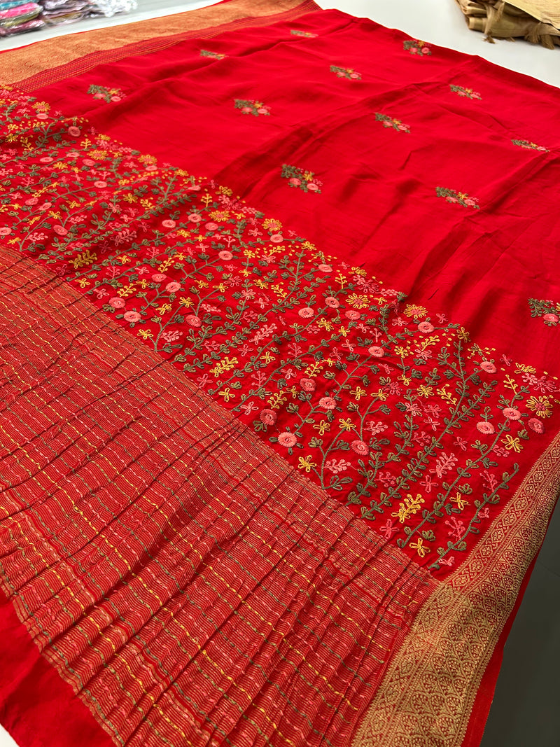 Katha And Jari Border Embroidery Sarees,, Fabric-Crepe Tussar,, Katha Style Blouse Piece🌹-JU30