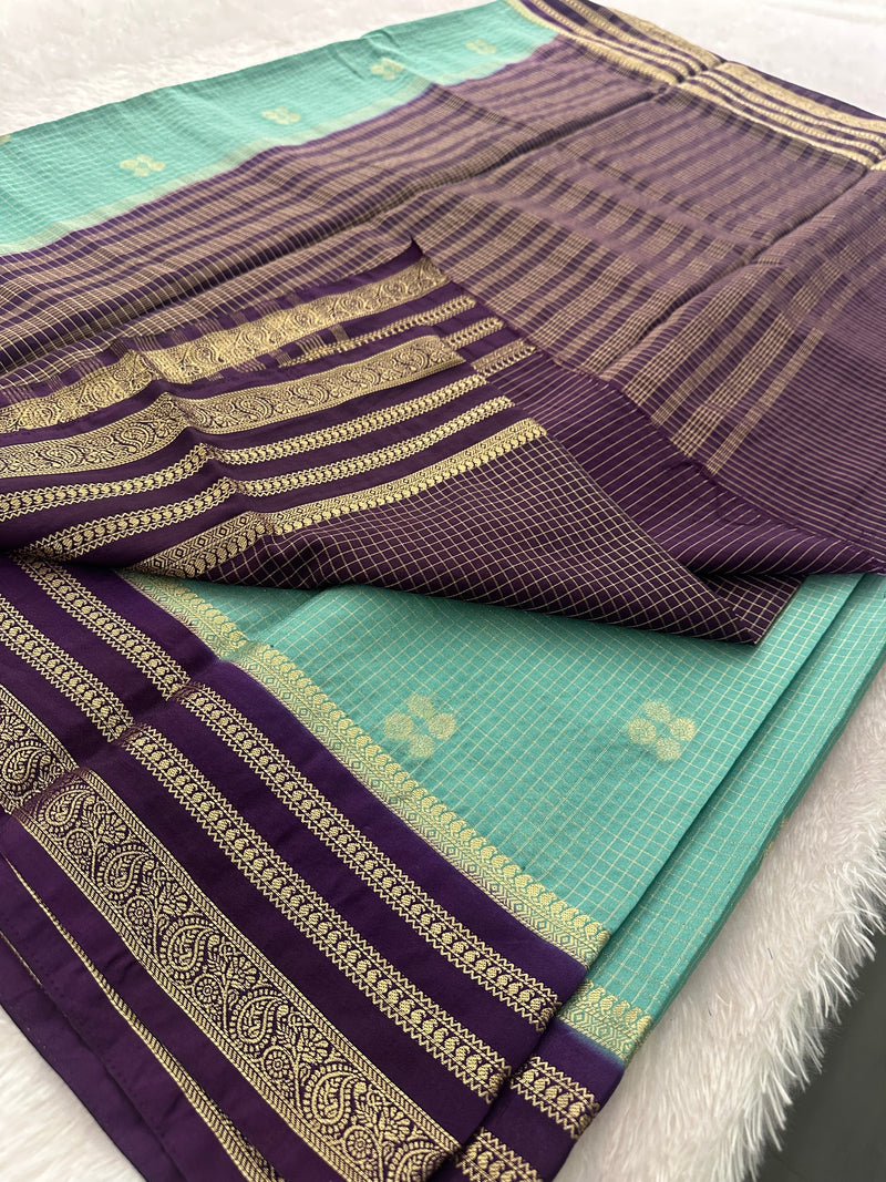 Semi Crepe Checks Saree - Pastel Blue x Purple AU25