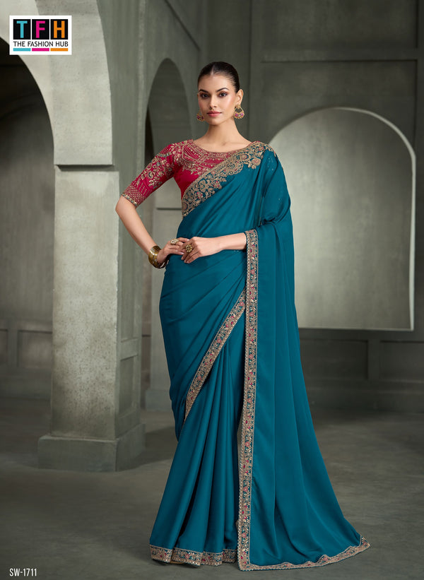 SW-1711 — RICH BLUE CRAPE SILK SAREE & GEORGETTE WORK BLOUSE