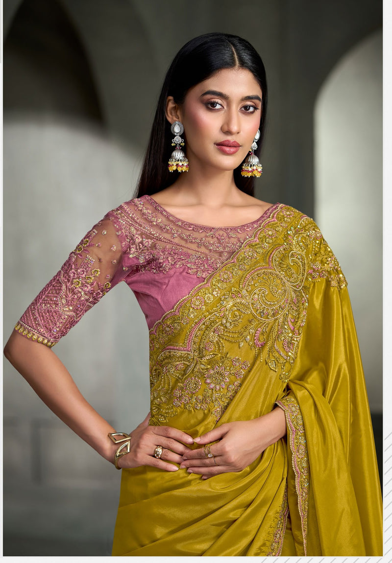 SW-1702 — MUSTARD MEHNDI CRAPE SILK SAREE & BANGLORE WORK BLOUSE