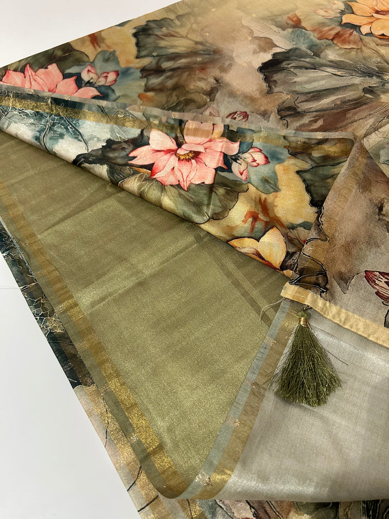 Digital floral Printed Tussar Saree,, contrast butti blouses🌹  1700/- AU12