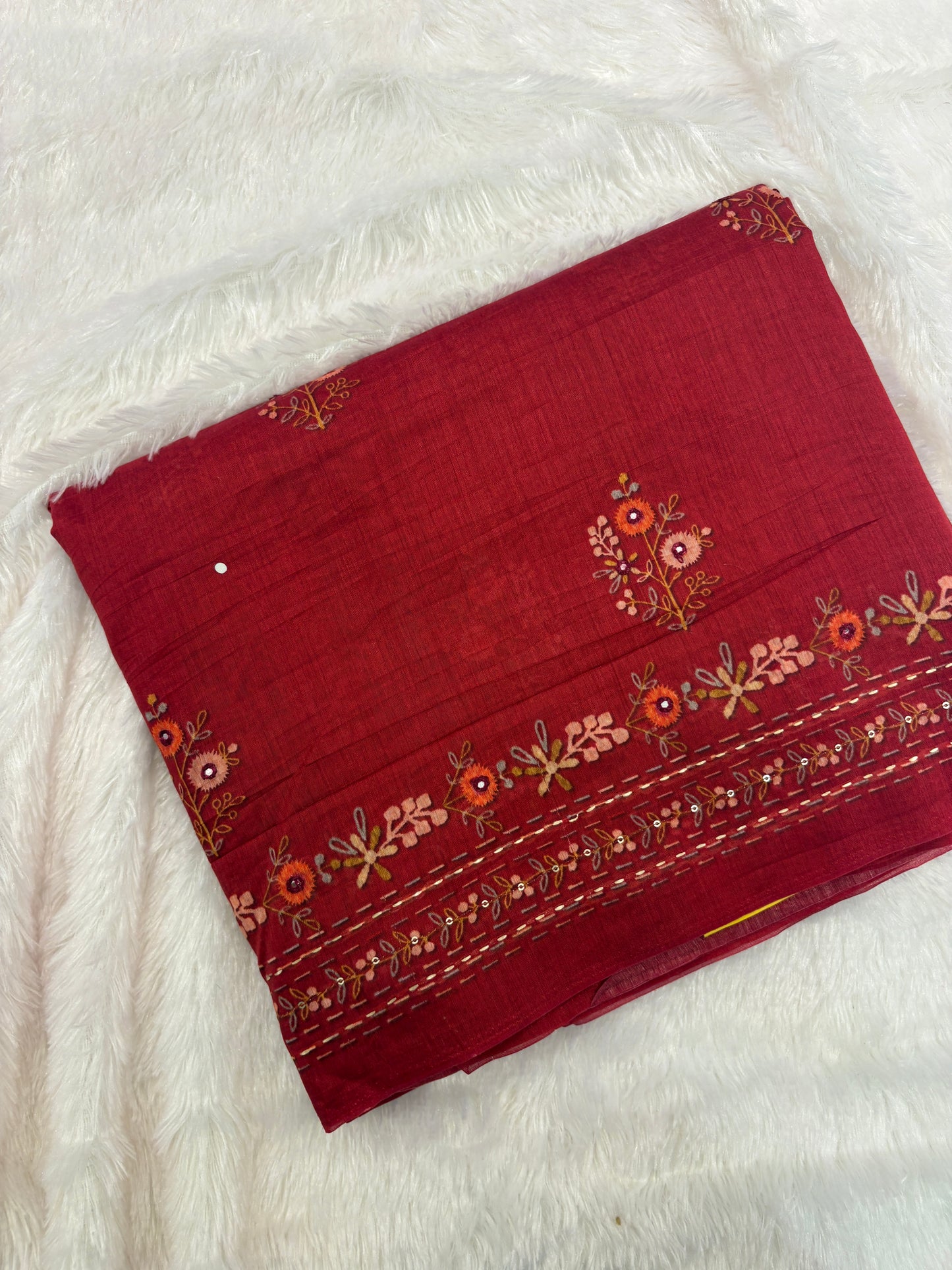 Rust Floral Embroidery Mul Cotton Saree-M101