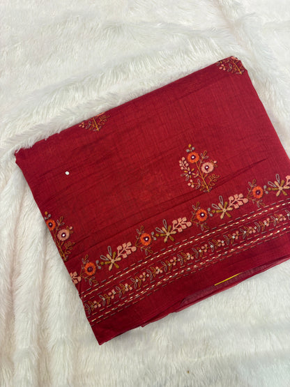 Rust Floral Embroidery Mul Cotton Saree-M101